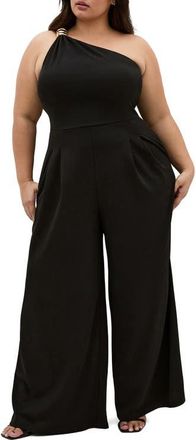 City Chic Amber Asymmetric One-Shoulder Jumpsuit in Black at Nordstrom, Size 22W