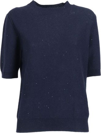 Fabiana Filippi Round-neck Knitwear, female, Blue, Size: XS Round-neck Short-sleeve Sweater with Sequins