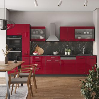 Vicco Mueble De Cocina R-line, Burdeos Brillo Intenso/antracita, 350 Cm Con Armario Alto, Sin Encimera