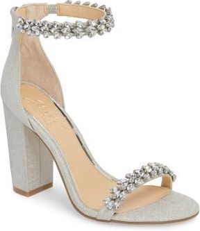 Badgley Mischka Jewel by Badgley Mischka Mayra Embellished Ankle Strap Sandal in Silver Glitter Fabric at Nordstrom Rack, Size 9.5