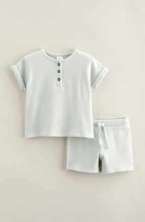 Nordstrom Waffle Knit Henley & Shorts Set in Green Hush at Nordstrom, Size 18M