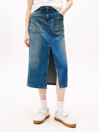 Tommy Jeans Jeansrock TOMMY JEANS CLAIRE MIDI SKIRT UTILITY CI2037, Damen, Gr. 25, blau (denim medium), Denim/Jeans, Obermaterial: 100% Baumwolle, unifarben, ca. 