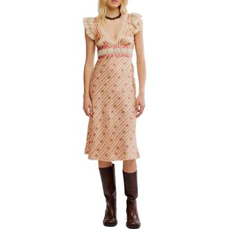 Free People Bali Belle Floral Ruffle Satin Midi Dress in Soft Pink at Nordstrom, Size X-Small