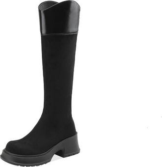 Generic Womens Retro Knee-High Suede PU Boots Round Toe Thick Platform Block Heels Side Zipper Stretch Fit Slip On Soft Lining Cushioned Insole Comfortable We