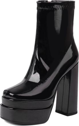 Generic Womens Patent PU Leather Ankle Boots Platform Chunky Heel Elastic Cuff Side Zipper Non Slip Wear Resistant Sole Comfortable Stylish For Night Events P