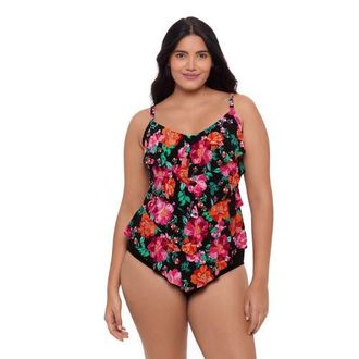 Trimshaper Lena 4 Tier Ruffle Tankini Swim Top in Hothouse Garden at Nordstrom, Size 24W