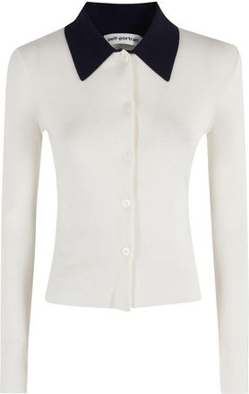 Self Portrait Cream Merino Wool Cardigan With Polo Collar And Button Closure