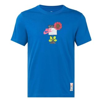 Nike Mens Nike Logo Plant Flowers Pattern Printing Round Neck Casual Short Sleeve Sky Blue T-Shirt DQ1034-407