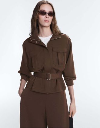 Oysho Giacca multitasche corta in piqu&eacute; marrone scuro con cintura