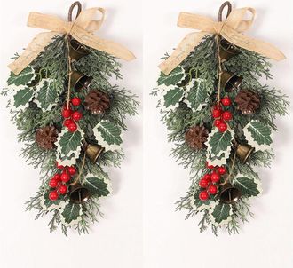 OEM Corona Navide&ntilde;a Para Puerta - 2 Piezas, 40 Cm, Con Campanillas, L&aacute;grimas De Invierno Y Un Lazo, Decorada Con Bayas Rojas