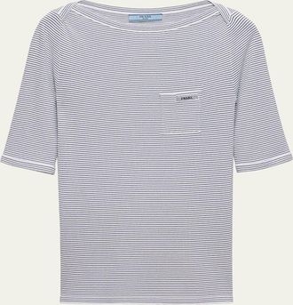 Prada Striped High-Neck Elbow-Sleeve Sweater