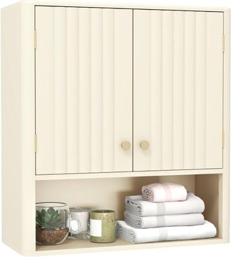 Costway Fluted Bathroom Wall Cabinet Modern Double Door Medicine Cabinet-Beige