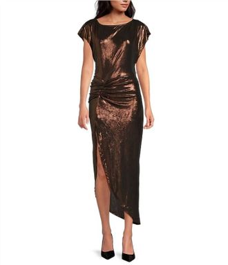 Elan Boat Neck Cap Sleeve Side Slit Ruched Midi Dress In Bronze