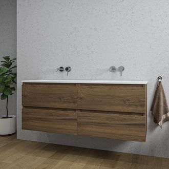 Saniclass Chaci Badkamermeubelset - 140x46x55cm - 4 lades - keramische wastafel wit - 2 wasbakken - zonder kraangaten - noten