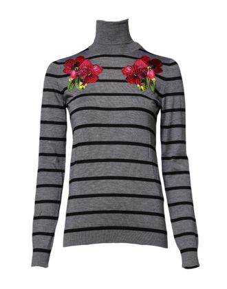 Dolce & Gabbana Gray Floral Embroidery Pullover Womens Sweater