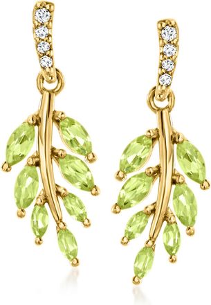 Ross-Simons Peridot Leaf Drop Earrings With Diamond Accents in 18kt Gold Over Sterling