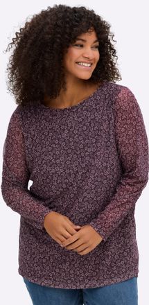 Sheego Langarmshirt SHEEGO Mesh-Shirt, Damen, Gr. 40/42, aubergine, mauve, bedruckt, 96% Polyester, 4% Elasthan, bedruckt, gebl&uuml;mt, gemustert, mehrfarbig, U-