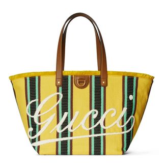 Gucci Tassen, Dames, Geel, ONE Size, Katoen, Geborduurde Middelgrote Canvas Tote