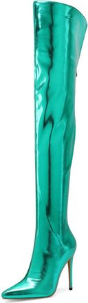 Generic Womens Stiletto High Heel Long Boots Pointed Toe Over The Knee Boots PU Leather Thigh High Boot with Zipper,Green,5.5 UK