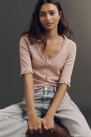 Pilcro Ruffled V-Neck Half-Sleeve T-Shirt Top