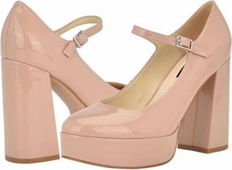 Nine West Pretz Dress Pump M Beige Patent Leather Block Heel HTAT724