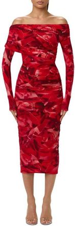 Naked Wardrobe Bare Body Print Off the Shoulder Long Sleeve Midi Dress in Rouge Rose at Nordstrom, Size X-Small