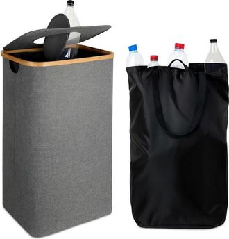 Relaxdays Relaxdays Recycling Bottle Bin 100L, Washable Inner Bag, HWD: 70 x 42 x 34 cm, Bottle Collector with Lid, Felt, Grey