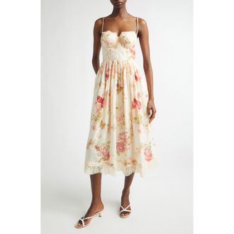 Zimmermann Roselight Picnic Linen Midi Sundress in Cream Rose Floral at Nordstrom, Size 0P