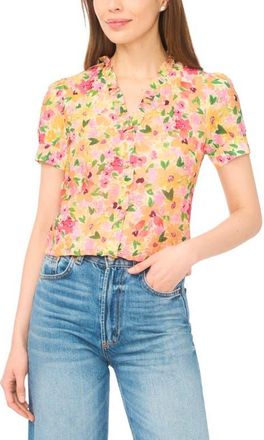 CeCe by Cynthia Steffe Floral Ruffle Trim Button-Up Top in Claret Red/Yellow Multi at Nordstrom, Size Xx-Large