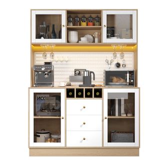 STILVORA Aparador Alto De Cocina Con Caj&oacute;n, Botellero, Soporte Para Copas, Estantes Ajustables Y Led Para Cocina En Mdf Y Vidrio 140x40x185,7 Cm Blanco