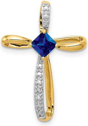 Diamond2Deal 14k Yellow Gold 4mm Square Lab Created Sapphire and Diamond Cross Slide Pendant
