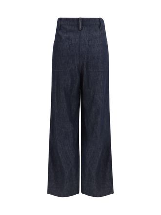 Brunello Cucinelli Womens Denim Effect Twill Wide Pants Blu Cotton Jean