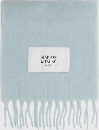 Maison Kitsun&eacute; Wool Scarf with Logo Patch and Fringed Trim