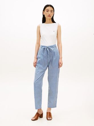 Tommy Hilfiger Womens Belted Gingham Seersucker Tapered Pant - Blue Orbit / Ecru Gingham - XS