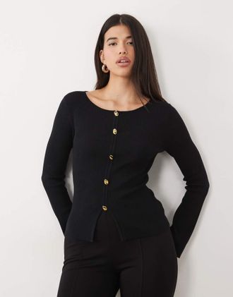 Pretty Lavish cardigan nero in maglia fine con bottoni dorati