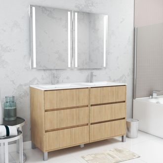 Aurlane Mueble De Ba&ntilde;o 120cm Roble Claro 6 Cajones, Lavabo, 2 Espejos 60x80 Con Luz Led Integrada