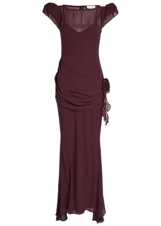 De La Vali DE LA Vali Florentine Draped Chiffon Maxi Dress - Burgundy - 14 (UK14 / L)