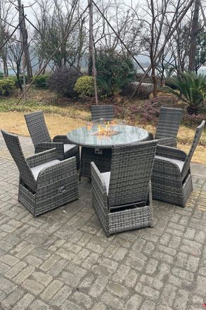 Fimous PE Rattan Gas Fire Pit Round Table Gas Heater Table & Adjustable Chair Set 6 Seat in Dark Grey