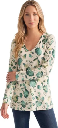 Roaman's Plus Size Ultimate Long Sleeve V Neck Tee in Ivory Misty Floral at Nordstrom, Size 32