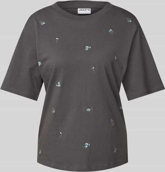 Jake*s Casual T-Shirt mit geripptem Rundhalsausschnitt in Dunkelgrau, Gr&ouml;&szlig;e S