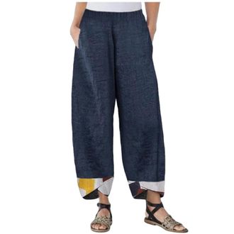Generic Womens Cotton Linen Trousers Stylish Contrast Reversible Cuff Elasticated High Waist Wide Leg Pants Lightweight Everyday Wear Pants Summer Smart Casua