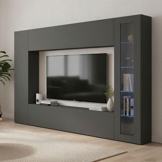 Dmora Dmora - Pared Equipada Dceid, Conjunto De Sal&oacute;n Con Soporte De Tv, Mueble De Sal&oacute;n Polivalente Con Vitrina Y Luz Led, 100% Made In Italy, Cm 260x30h18