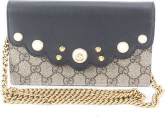 Gucci Beige Black Leather Coated Canvas Chain/Shoulder Wallet (Pre-Owned)