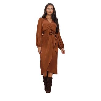 Lina Locchi Ll-Bea Wrap Jurk - Dames - Jurken - Bruin - Maat: XL Leer