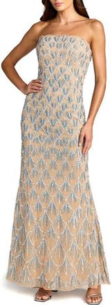 Mac Duggal Strapless Hand Beaded Mesh Mermaid Gown in Nude Silver at Nordstrom, Size 10
