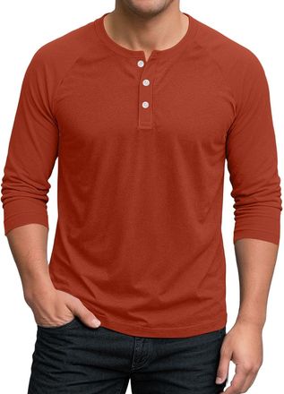 Generic Henley Shirt Men Long Sleeve Mens Shirts Muscle Fit T Lightweight Button Patchwork Golf Regular Grandad 3/4 T-Shirts for UK (Vermilion, L)
