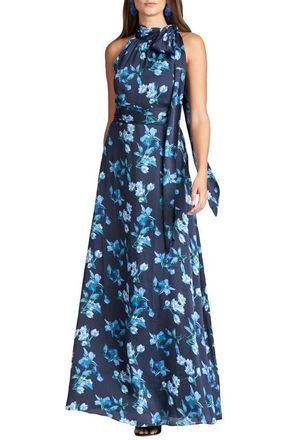 Sachin & Babi Kayla Floral Crinkle Georgette Halter Gown in Night Sky Venetian Petal at Nordstrom, Size 2