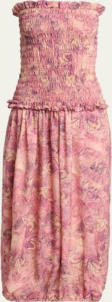 Isabel Marant Cleane Strapless Smocked Silk Bubble Midi Dress