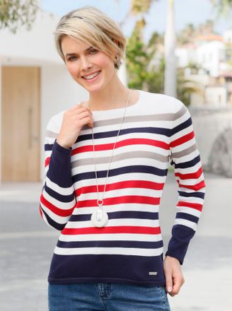 Casual Looks Strickpullover CASUAL LOOKS Pullover, Damen, Gr. 42, rot (ecru, rot, geringelt), 100% Baumwolle, gemustert, gestreift, mehrfarbig, Pullover Strickpull