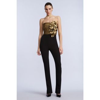 BCBGeneration Flower Detail Jumpsuit in Gold & Black Combo at Nordstrom, Size 2